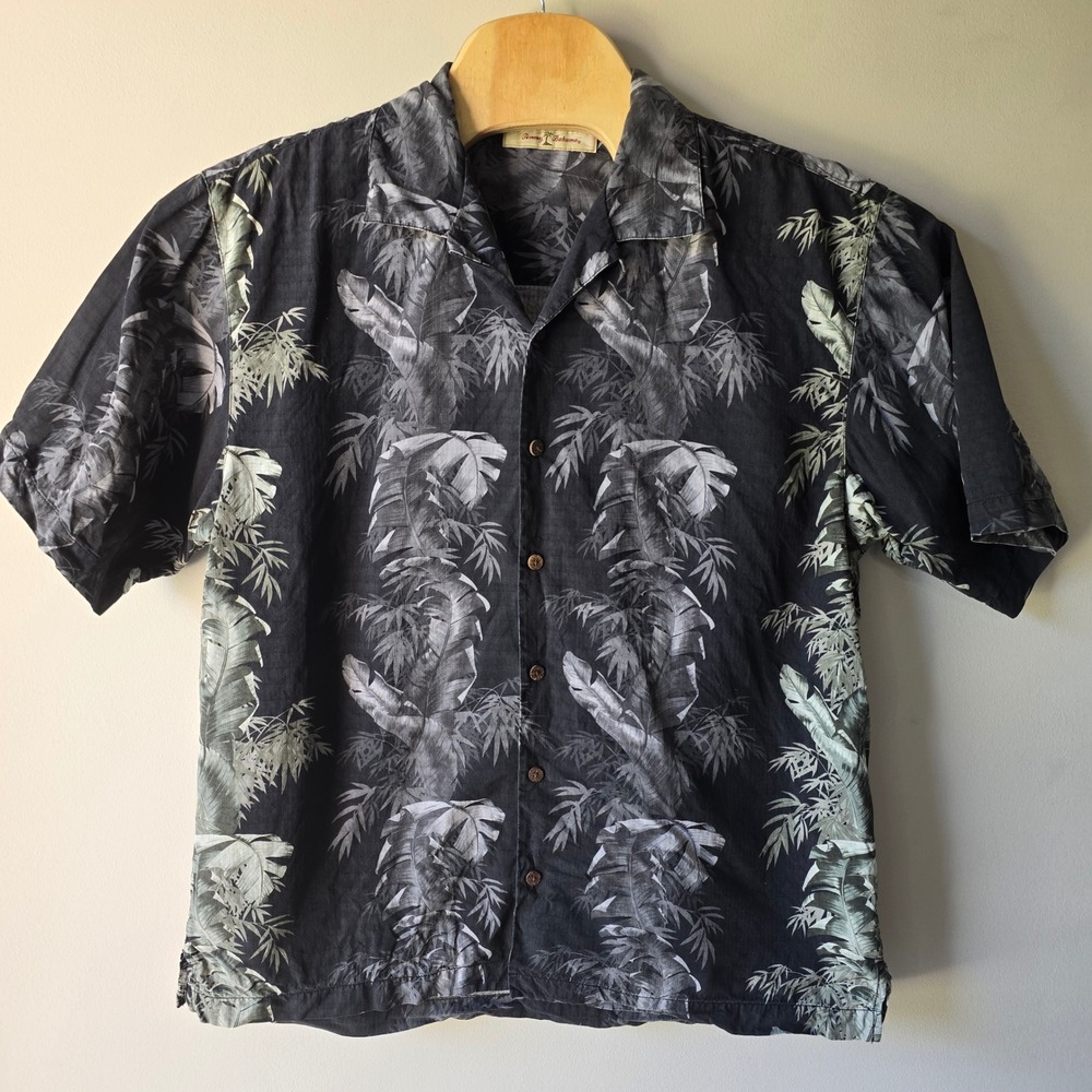 Tommy Bahama Mens Large 100% Silk Black Gray Tropical Palm Bamboo Hawaiian Shirt - Picture 2 of 6